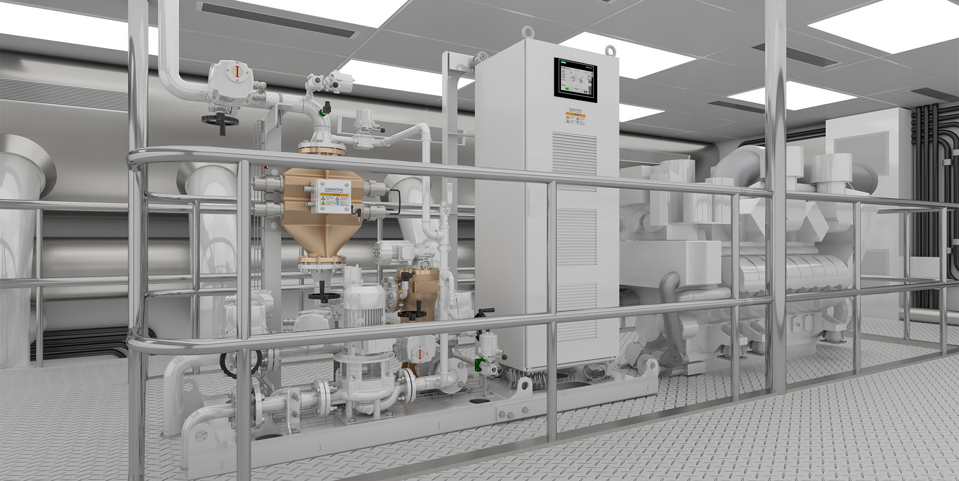 Industrial machinery setup with pipes and control panel in a bright room.