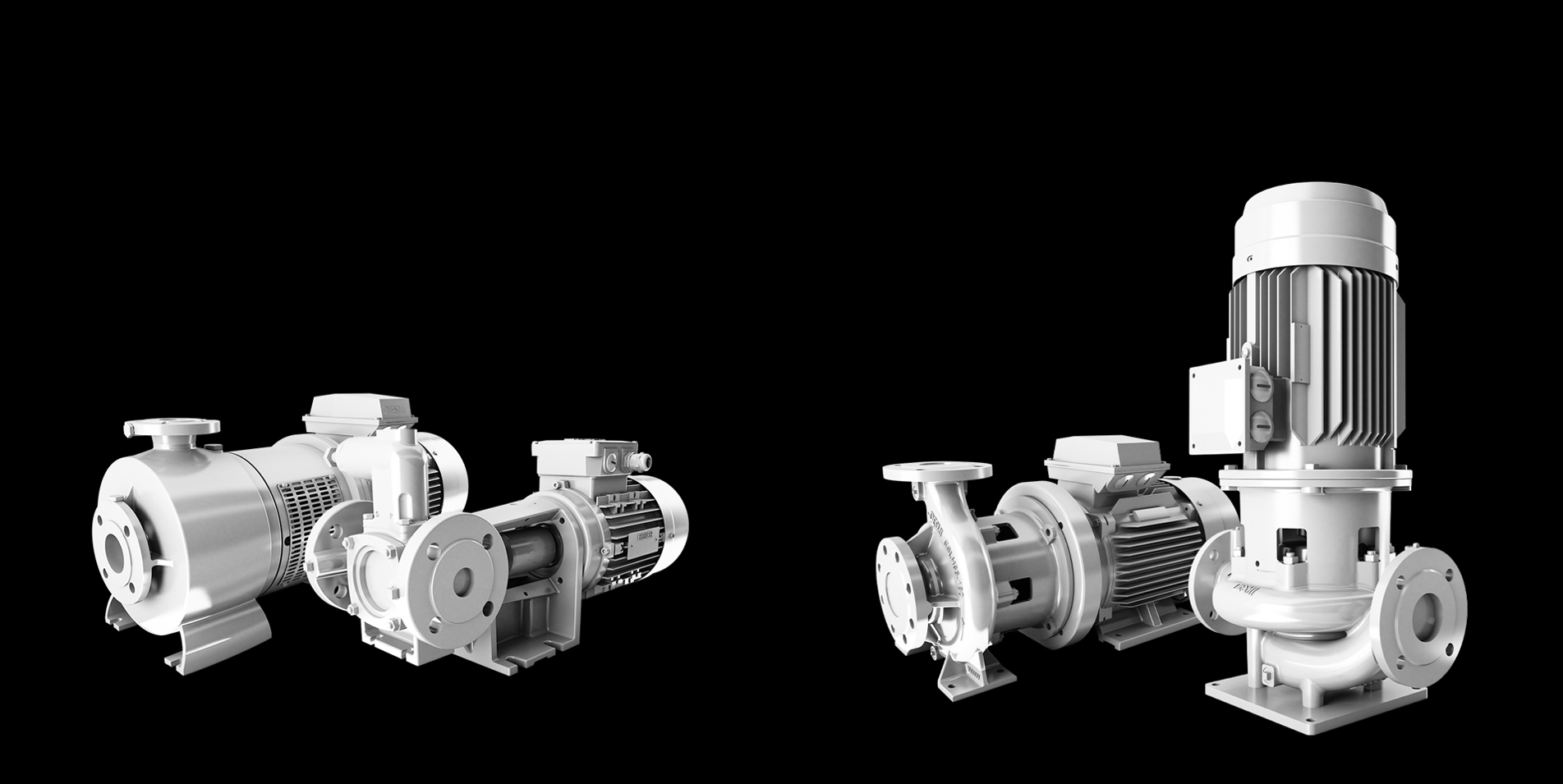 Three industrial DESMI pumps displayed against a black background.