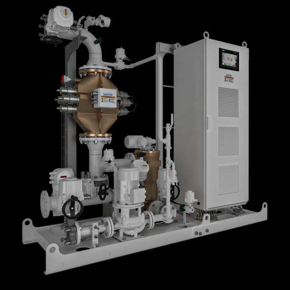 Industrial pump system with control panel for fluid handling against a black background.