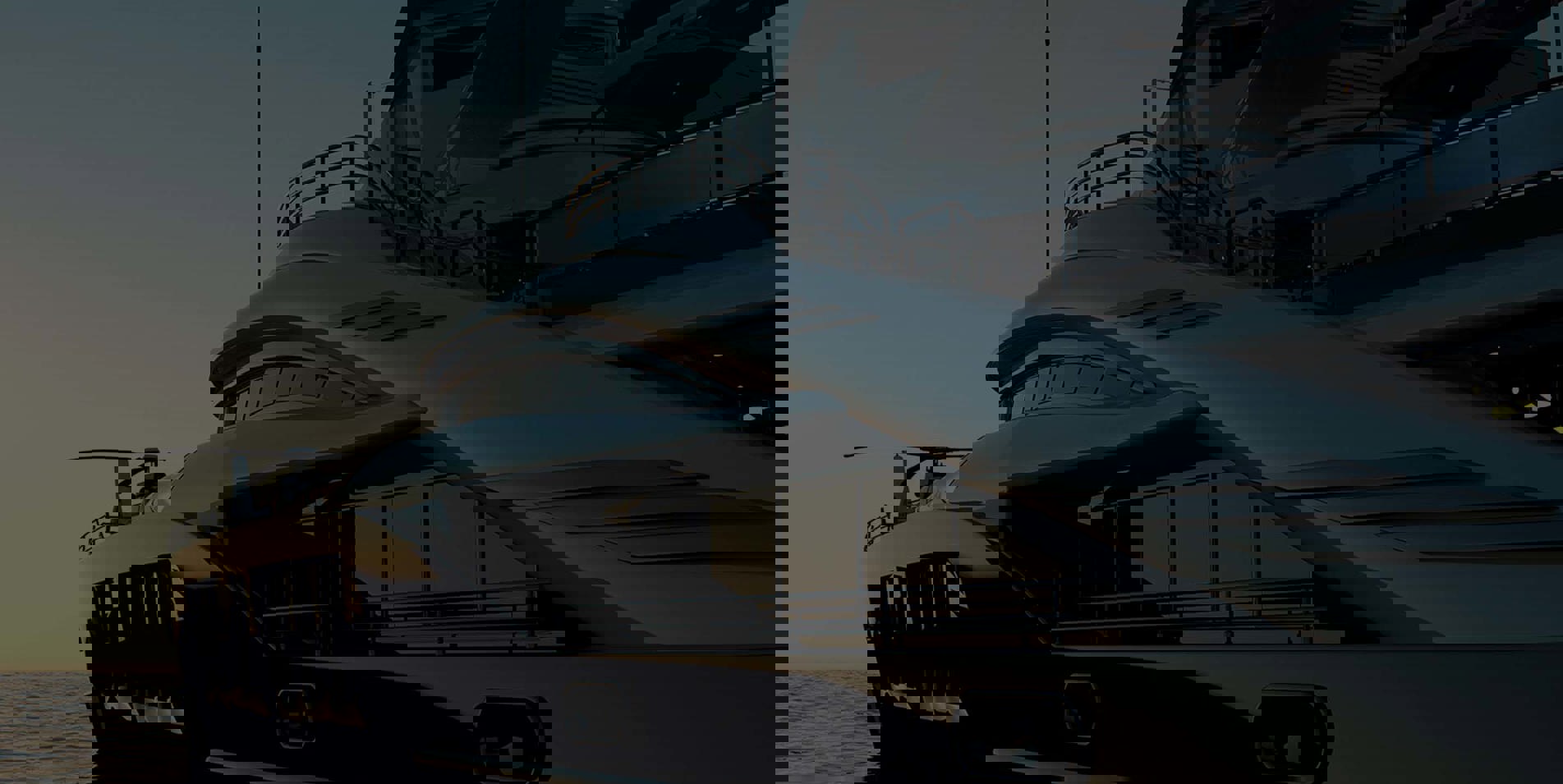 Luxurious yacht silhouette against a sunset sky, featuring sleek design elements.