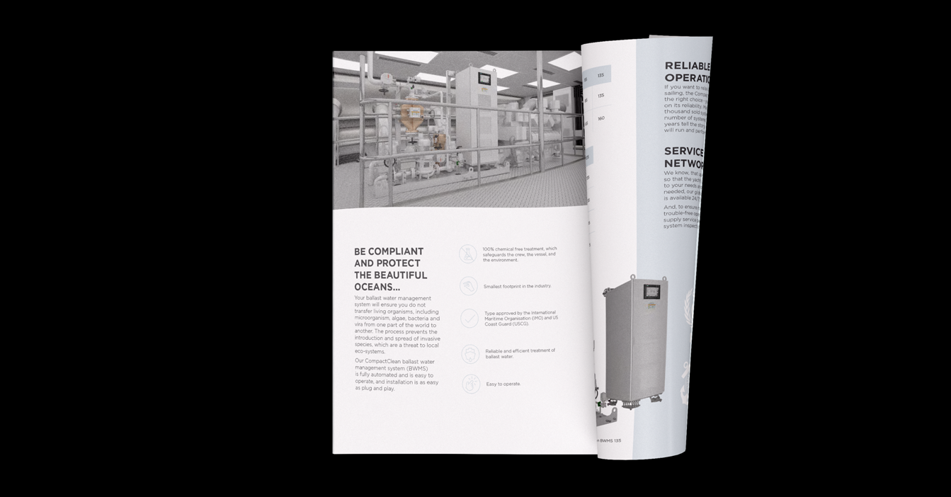 Open brochure displaying industrial equipment and text about ocean protection compliance.